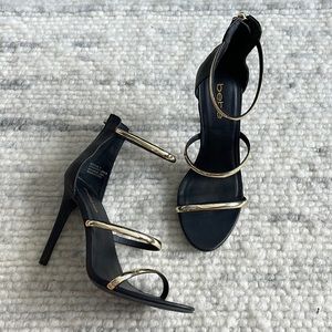 bebe Berdine Black/Gold Strap Heel - Size 8